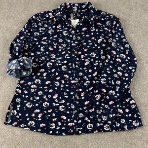 NY Collection Women's Navy Floral Tab Sleeves Pockets Button Down Shirt Sz S NWT